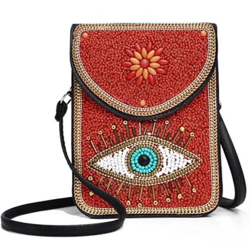 ALL SEEING EYE Beaded Crossbody Novelty Bag Small Red Cellphone Purse Bag Unique